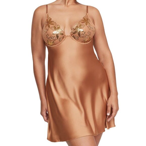 Victoria's Secret Gold Sequined Ziggy Glam Floral Embroidery Underwire Slip SZ L - Picture 1 of 7